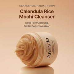 ARENCIA Calendula Rice Mochi: textura cremosa que deja la piel limpia y cómoda.