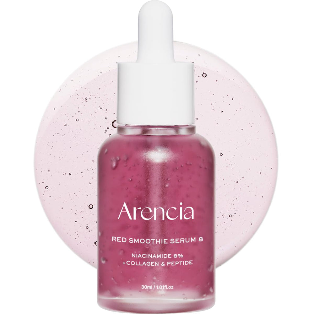ARENCIA Red Collagen + Peptide Serum, bote visible, ayuda a suavizar la textura de la piel.