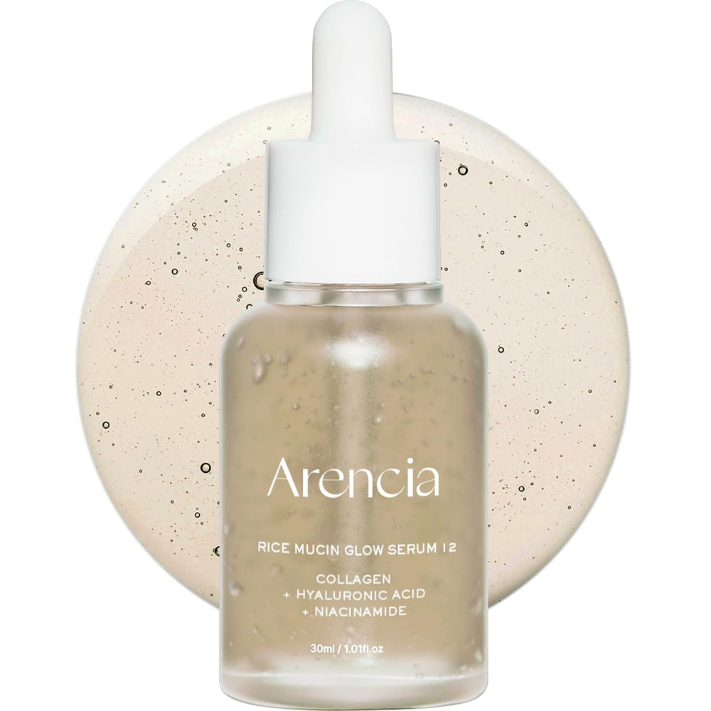 Arencia Rice Mucin Glow Serum, botella brillante, ideal para un brillo natural y suave.