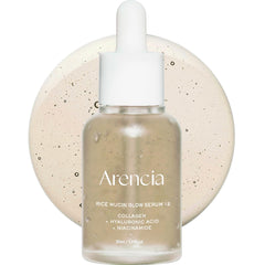 Arencia Rice Mucin Glow Serum, botella brillante, ideal para un brillo natural y suave.