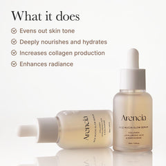 Arencia Rice Mucin Glow Serum, empaque minimalista, protege la barrera y ofrece confort.