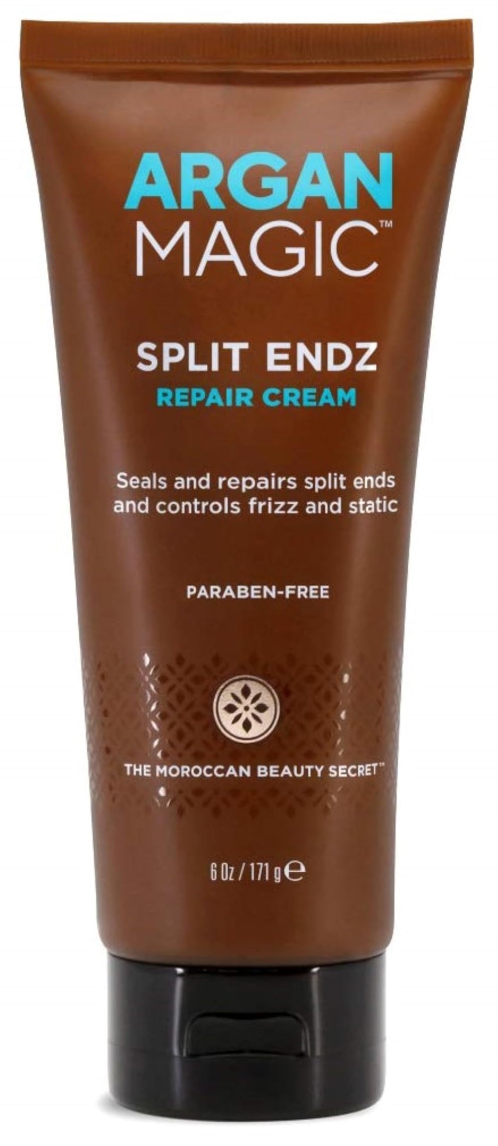 Argan Magic Split Endz Cream, bote visible, sella puntas abiertas y reduce el frizz.