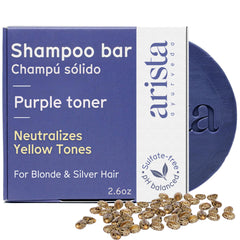 Barra de champú morada de Arista Ayurveda neutraliza tonos indeseados y realza brillo.