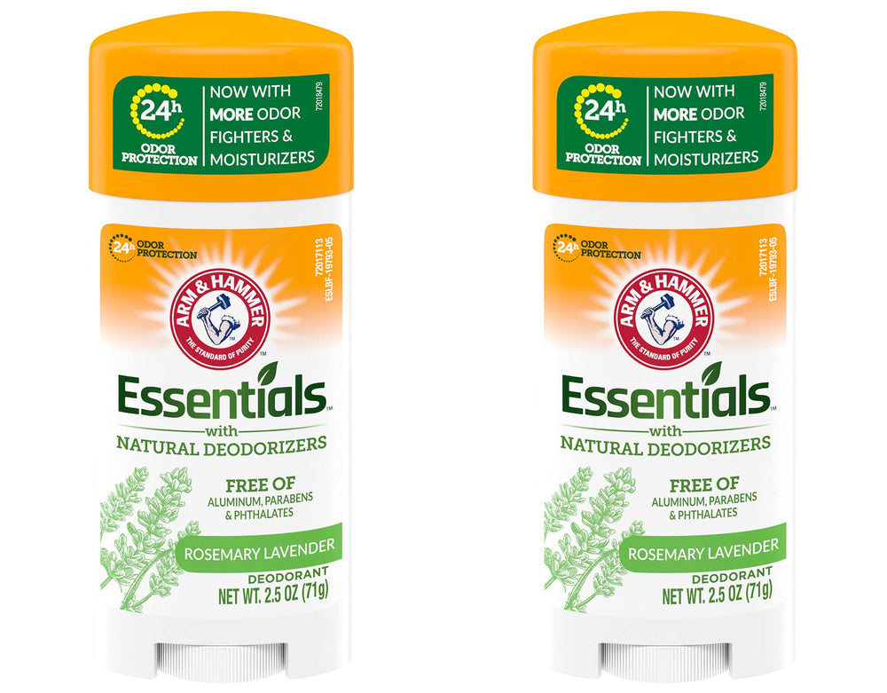 Arm & Hammer deodorant bottle close-up with rosemary lavender scent and aluminum-free protection.