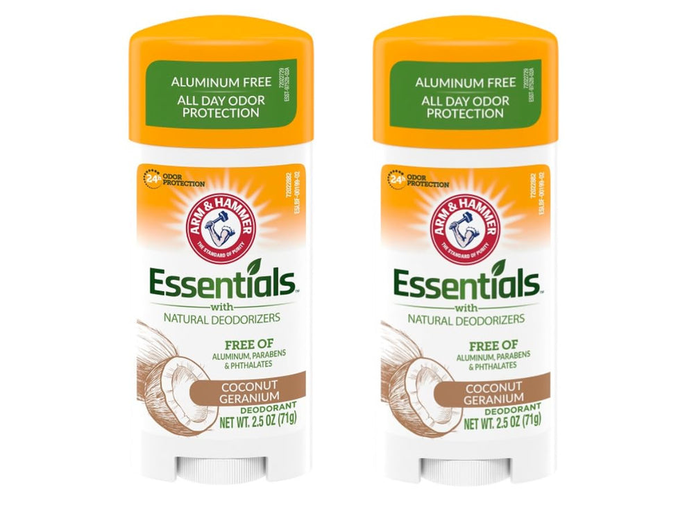 Arm & Hammer Essentials desodorante coco geranio en empaque triple para uso diario.