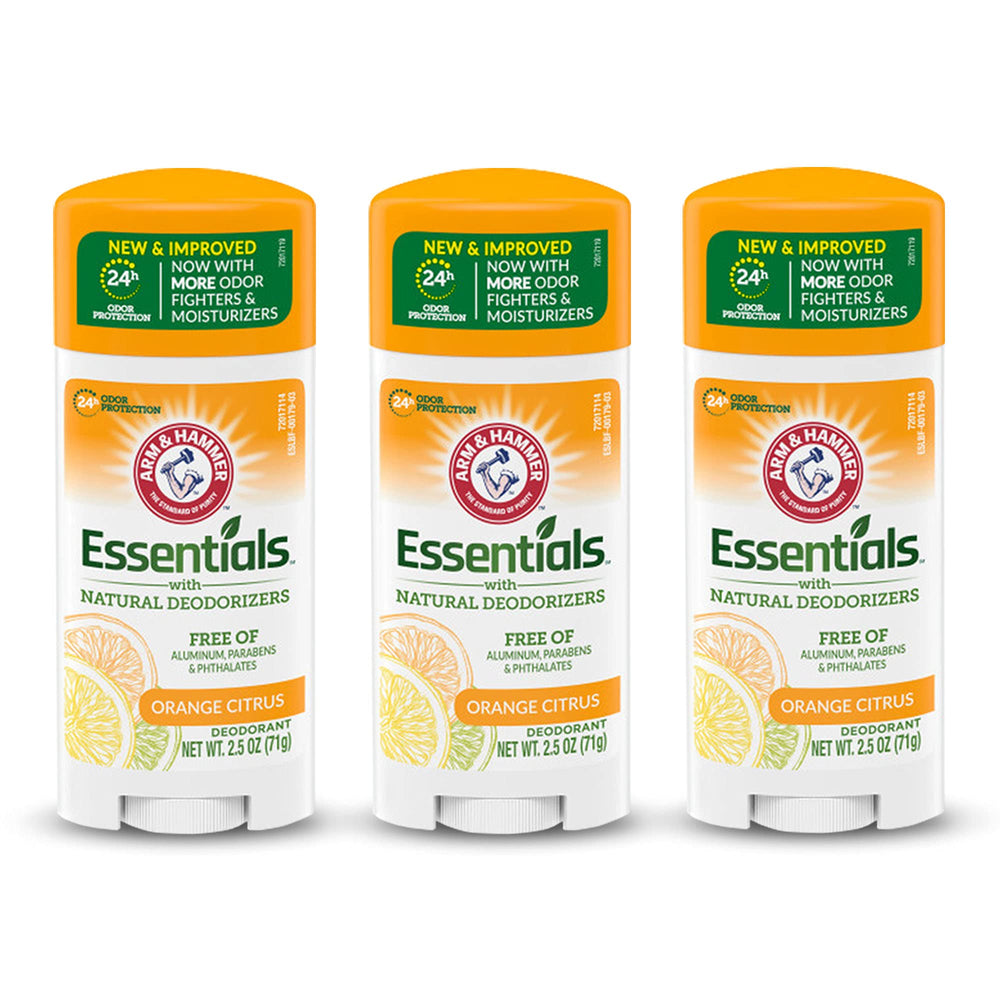 Arm and Hammer Essentials orange citrus deodorant in oval pack; daily freshness.