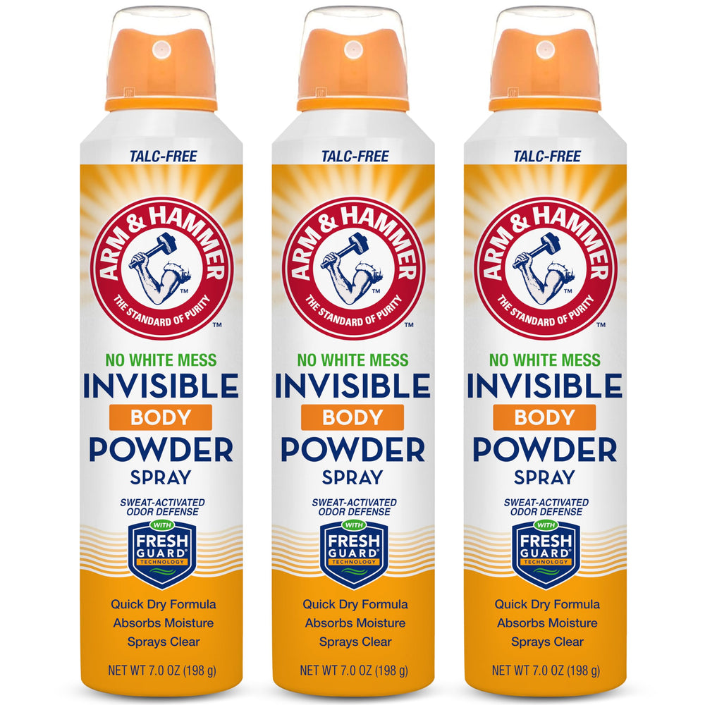Arm & Hammer Invisible Body Powder Spray packaging shows talc-free design for mess-free use.