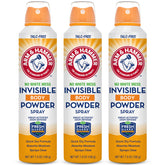 Arm & Hammer Invisible Body Powder Spray packaging shows talc-free design for mess-free use.