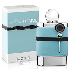 Armaf Blue Homme EDT close-up label highlights citrus and woody notes