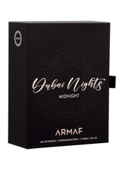 Armaf Dubai Nights Midnight bottle with lighting, highlighting oud and amber notes.