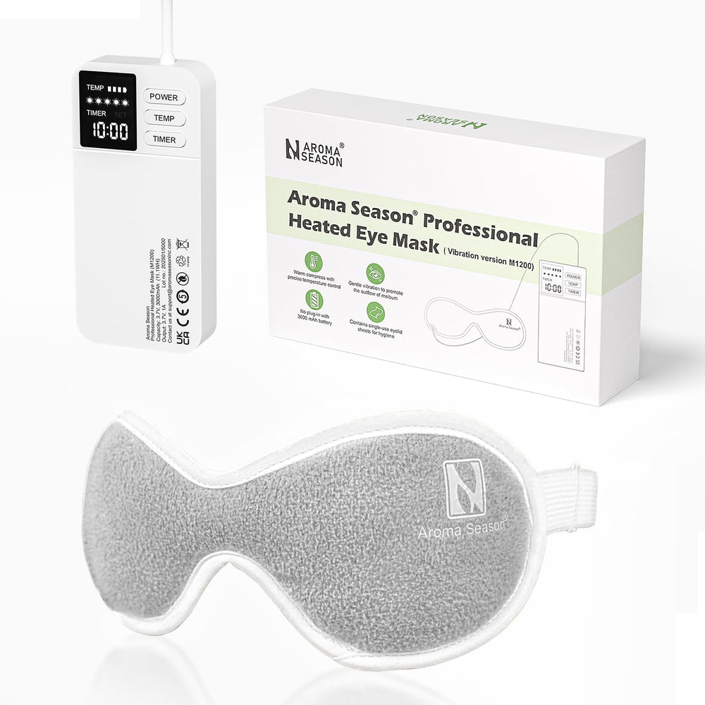 Aroma Season vibrating heated eye mask shown for on-the-go comfort and warmth.