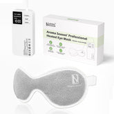 Aroma Season vibrating heated eye mask shown for on-the-go comfort and warmth.