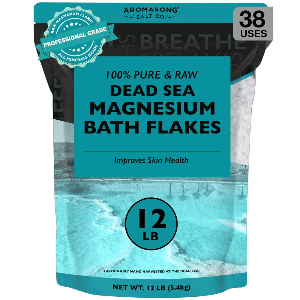 Aromasong magnesium flakes in Dead Sea packaging ready for a relaxing bath soak
