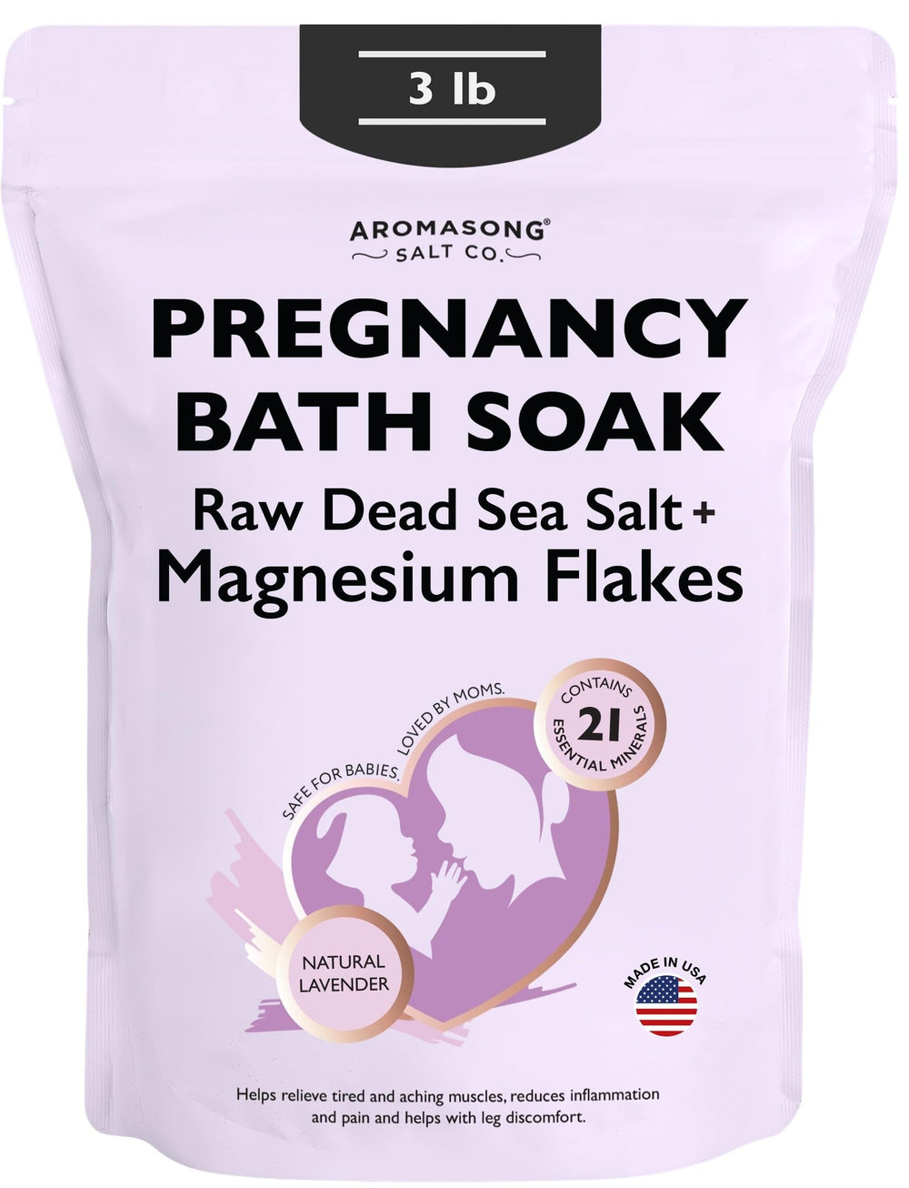 Aromasong sal de baño para embarazo en frasco, ideal para relajación y alivio muscular.