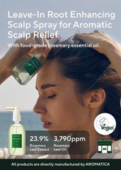 AROMATICA Root Enhancer rosemary spray application on scalp for soothing relief.