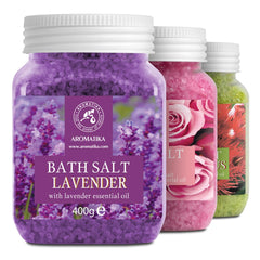 AROMATIKA Lavender bottle bath salts for calming, sleep-friendly baths.