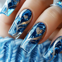 AROVFAM gold curve line nails with sea gradient for chic everyday wear