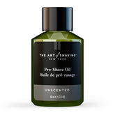 The Art of Shaving unscented pre-shave oil bottle enables quick, fragrance-free prep.