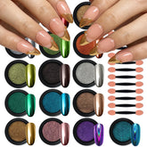 Artdone 16-color chrome nail powder bottle showing chrome shine on gel nails