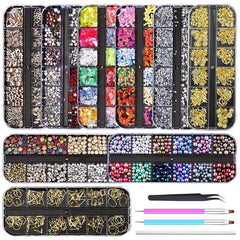 Artdone set de 9 cajas de piedras para uñas con brillo intenso.