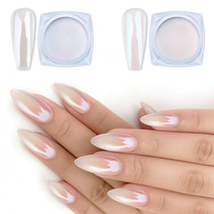 Artdone chrome nail powder white jar for pearl glow on gel nails.