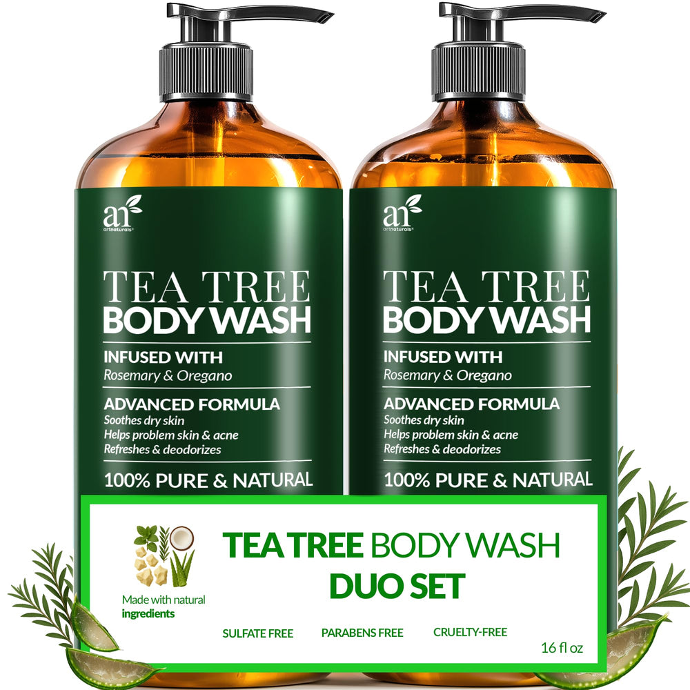 Artnaturals Tea Tree Oil Body Wash bottle provides refreshing antibacterial cleansing for acne-prone skin.