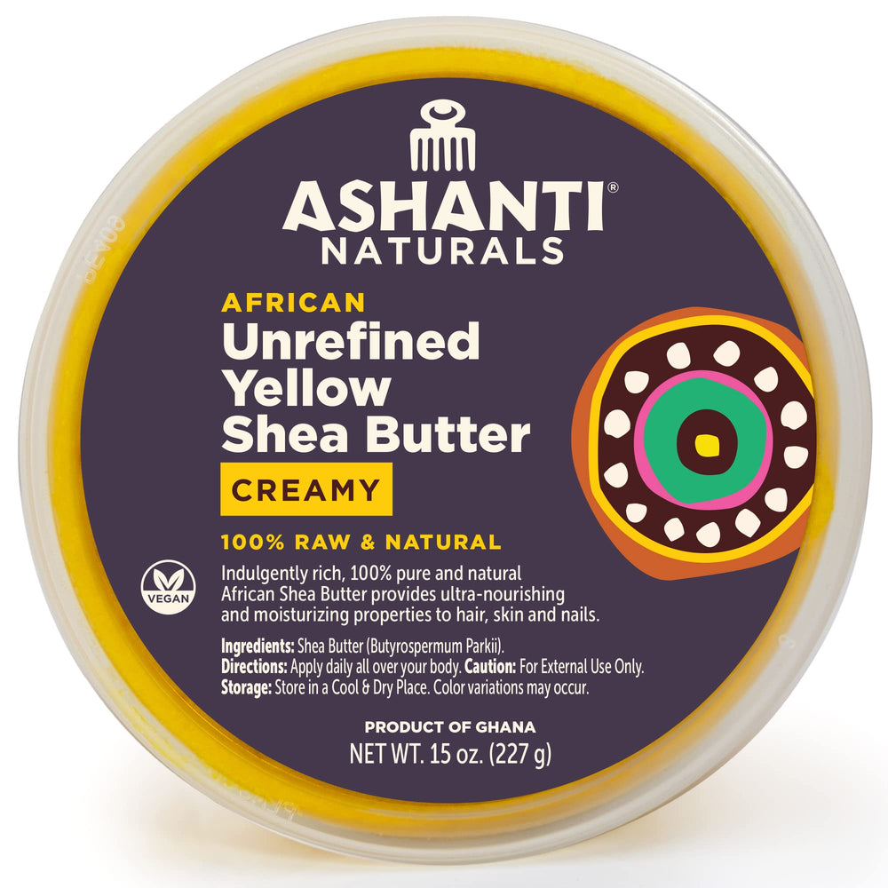 Ashanti Naturals manteca de karité cruda amarilla en envase, hidratación profunda para piel y cabello.