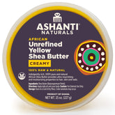 Ashanti Naturals manteca de karité cruda amarilla en envase, hidratación profunda para piel y cabello.