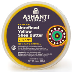 Ashanti Naturals manteca de karité cruda amarilla en envase, hidratación profunda para piel y cabello.
