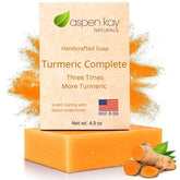 Aspen Kay Naturals Turmeric Soap bar packaging, suitable for all skin types