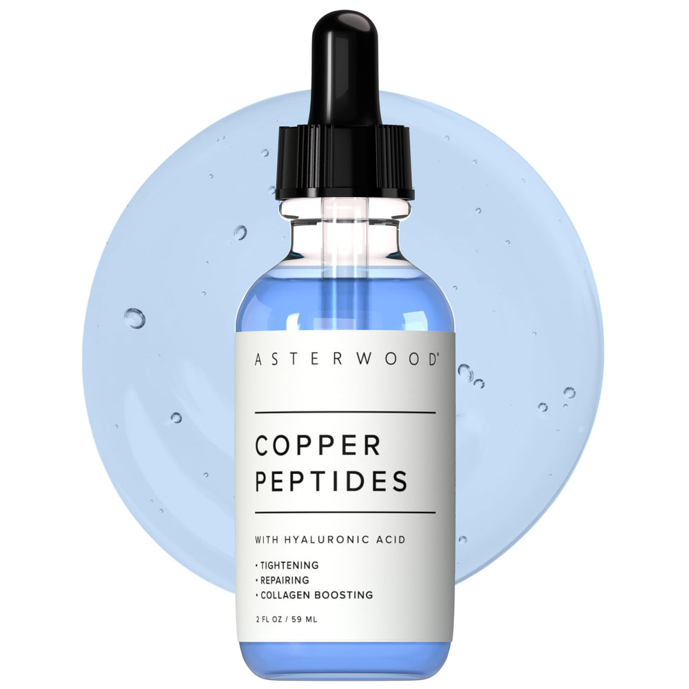 Asterwood Copper Peptides Serum bottle close-up highlighting hydration boost