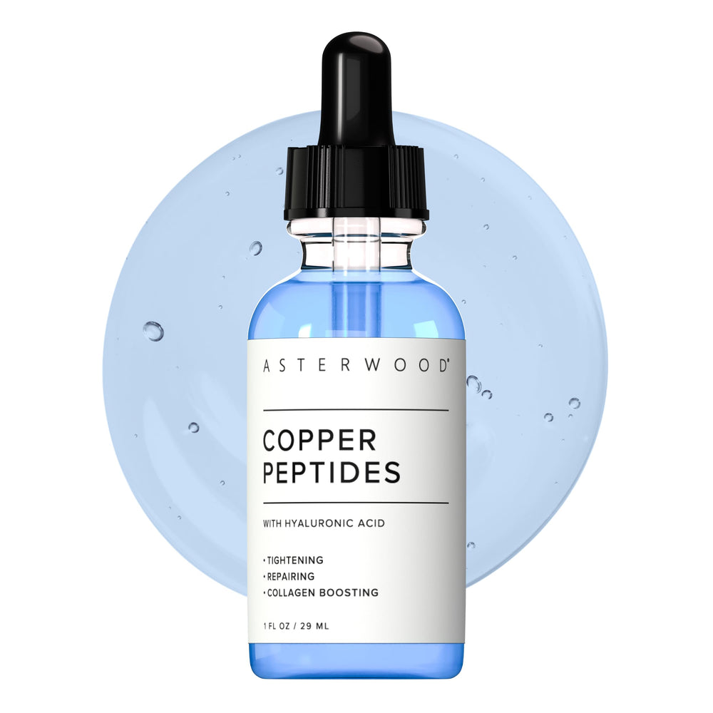 Asterwood Copper Peptides Serum bottle highlighted for anti-aging support