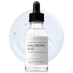Asterwood Hyaluronic Serum bottle with dropper highlighting hydration focus.