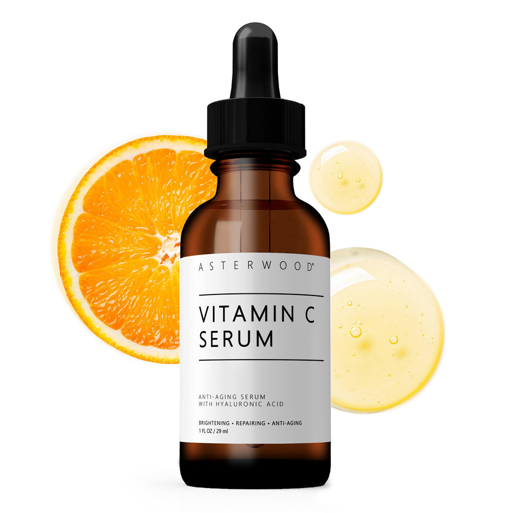 Sérum Asterwood Vitamina C, bote oscuro, protege la fórmula y ofrece hidratación suave.