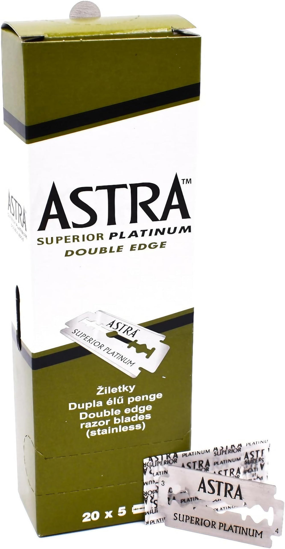 ASTRA platinum double-edge blades in a 100-pack for a smooth shave.