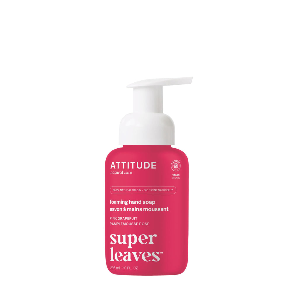 ATTITUDE foaming hand soap bottle with pink grapefruit scent for daily cleansing.