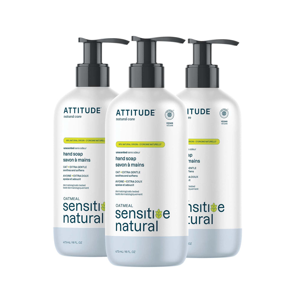 ATTITUDE hand soap with oat in bottle provides gentle cleansing for sensitive skin.