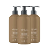 ATTITUDE vanilla caramel liquid hand soap bottle on shelf for everyday cleansing.