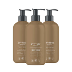 ATTITUDE vanilla caramel liquid hand soap bottle on shelf for everyday cleansing.