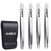 AUMELO flat-tip tweezers for precise brow shaping and splinter removal.