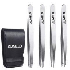 AUMELO flat-tip tweezers for precise brow shaping and splinter removal.