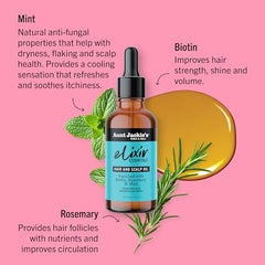 Aunt Jackie's Elixir Essentials label closeup highlights premium oils for hair vitality