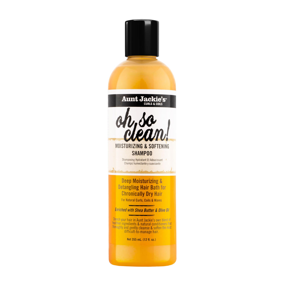 Aunt Jackie's Oh So Clean shampoo bottle pour supports quick daily cleansing.