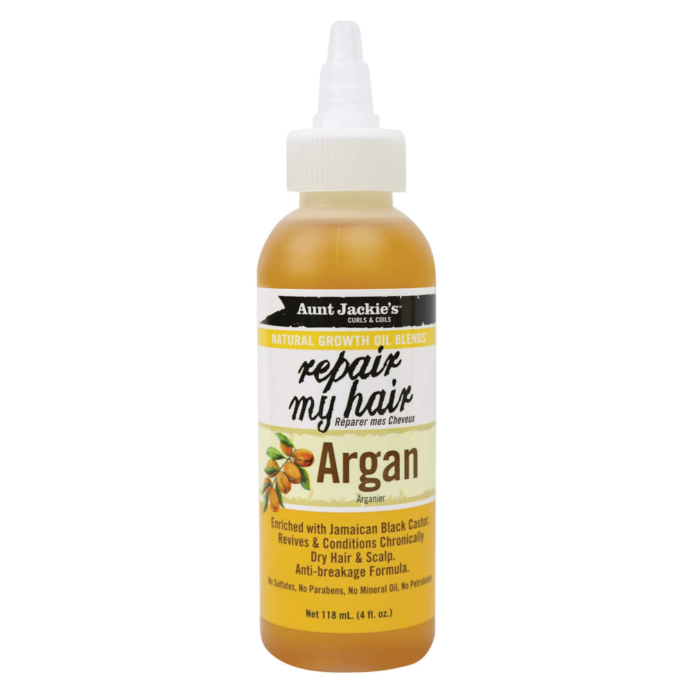 Aunt Jackie's Repair My Hair con argán en envase; ayuda a hidratar y revitalizar el cabello.