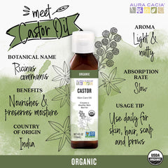 Aceite de ricino Aura Cacia aplicado en el cuero cabelludo para hidratación