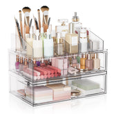 Aurblozen Clear Stackable Makeup Organizer with Drawer keeps cosmetics neatly displayed and accessible.