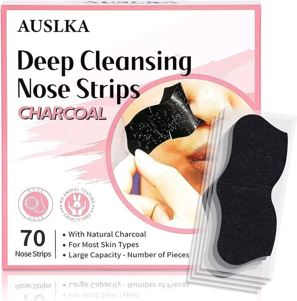 AUSLKA Blackhead Pore Strips applied to the nose for deep cleansing.