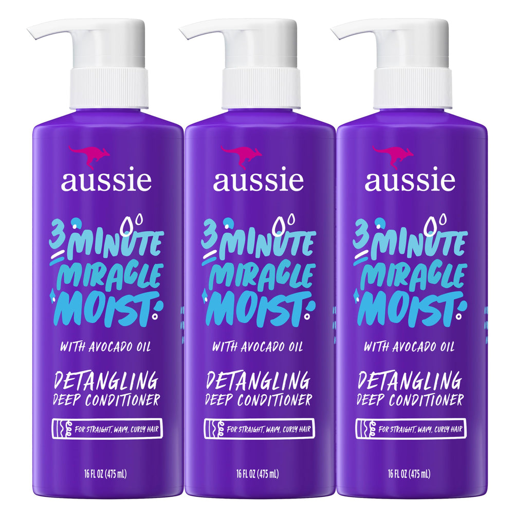 Aussie 3 Minute Miracle Moist Deep Conditioner triple pack bottles boost hydration.