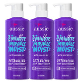 Aussie 3 Minute Miracle Moist Deep Conditioner triple pack bottles boost hydration.