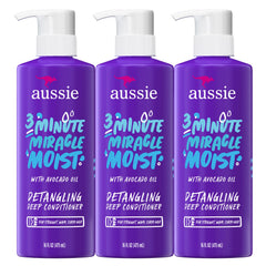 Aussie 3 Minute Miracle Moist Deep Conditioner triple pack bottles boost hydration.